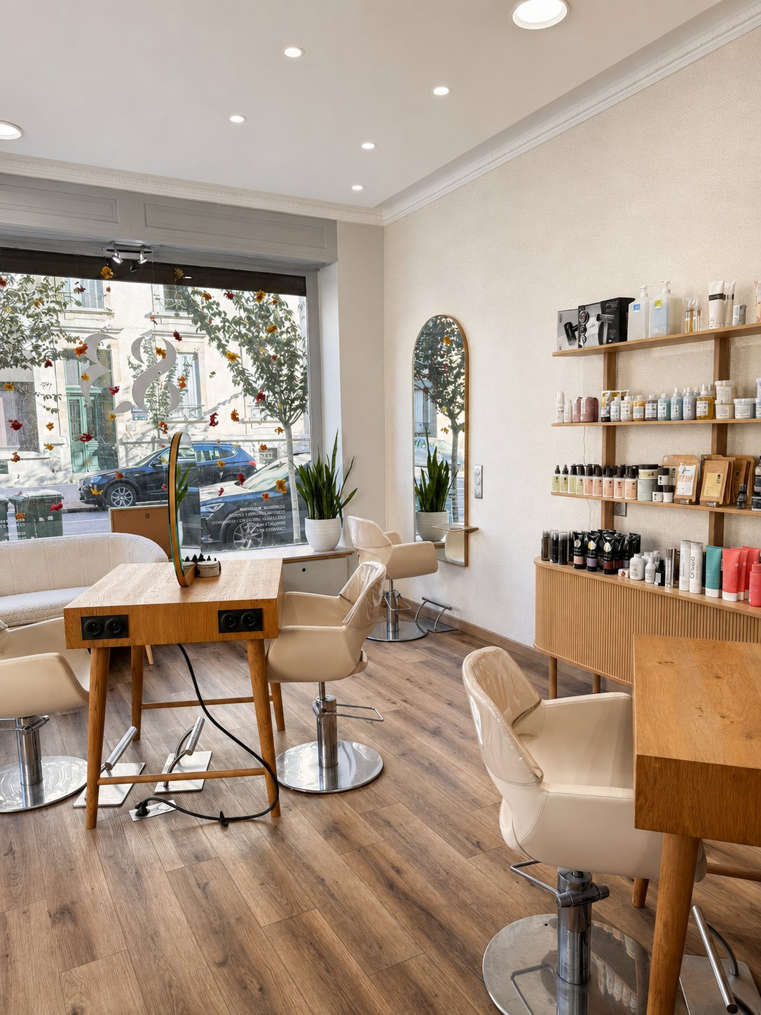 Intérieur lumineux du salon de coiffure Le 83 à Nancy, fauteuils blancs et postes de coiffage en bois
